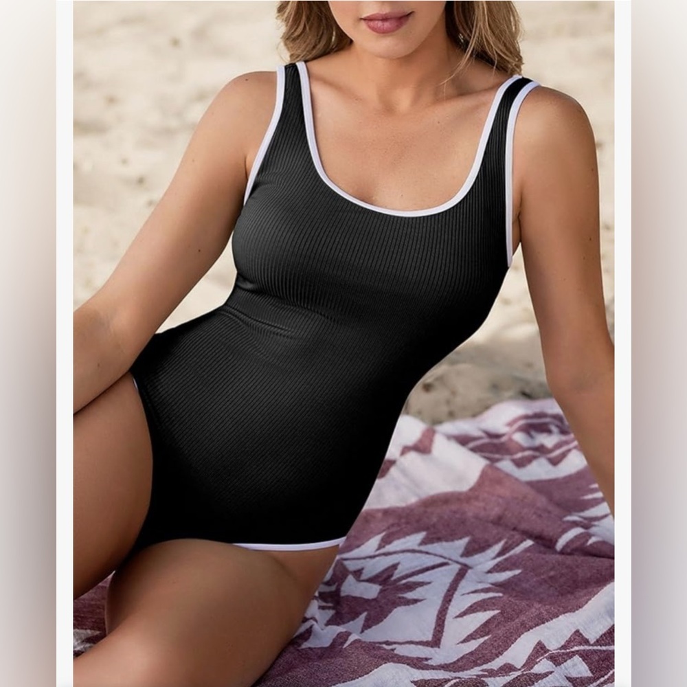 NEW- Elegant Black Ribbed 
white trim Swimsuit
2025 Season
Large - Picture 3 of 6